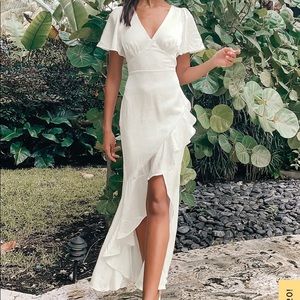 Eternal Bond White Satin Ruffled Flutter Sleeve Maxi Dress